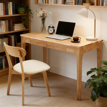 Solid Wood Desk with Drawers, Standing Desk with Smooth Edges, Home Office Desk for Small Spaces, Mid Century Modern Desk for Study, Bedroom, Living Room, Office, (Natural Wood Color) image 1