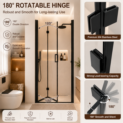 Semi-Frameless Folding Pivot Hinged Shower Door 34-35.2 in. W x 72 in. H,1/4" (6mm) Tempered Glass,Bathroom Bifold Panel, Reversible Installation,Matte Black image 4