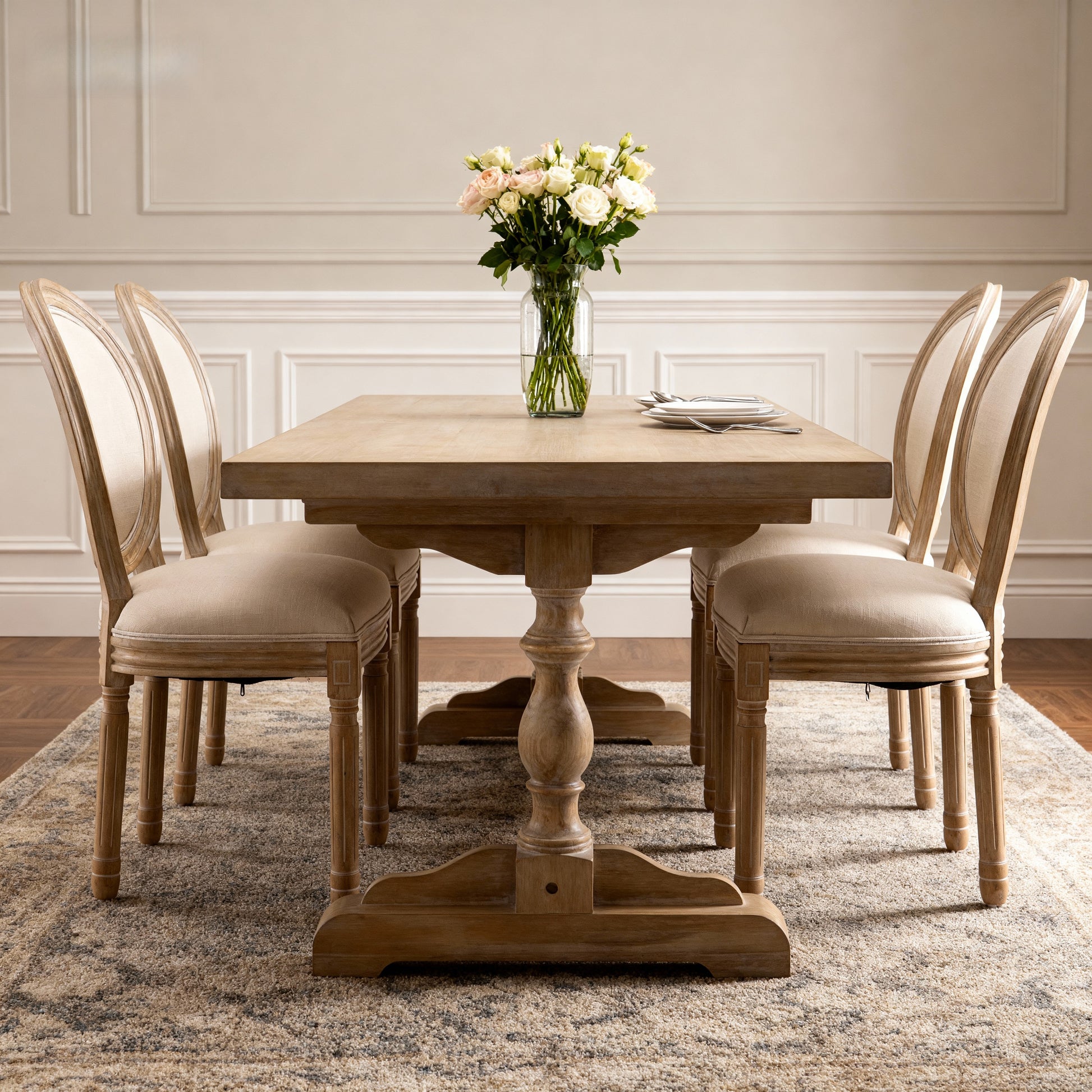 French Style Solid Wood Frame Linen Fabric Oval Back Dining Chair,Set of 2,Beige image 6
