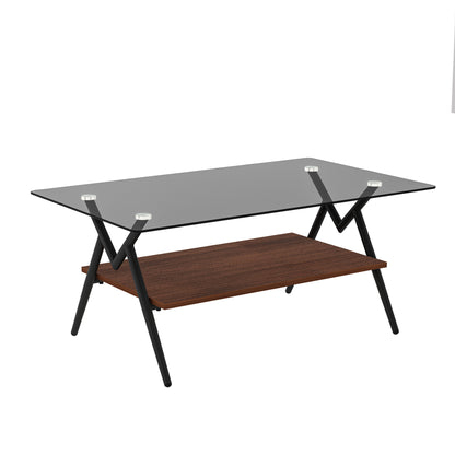 Rectangle Coffee Table with Tempered Glass top and Brown MDF Shelf, Modern Table for Living Room, Gray Glass image 7