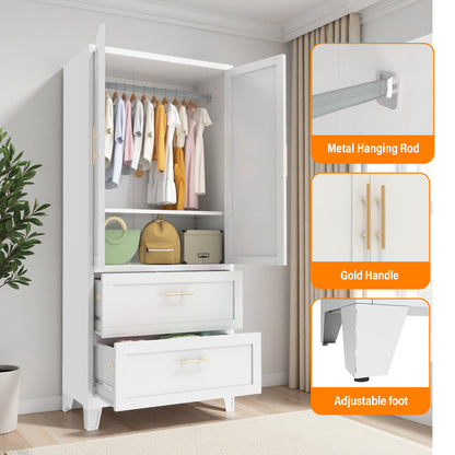 71" Tall Metal Wardrobe Cabinet with 2 Drawers and Hanging Rod, 2 Doors Wardrobe Closet with Shelf for Bedroom, Office, Laundry Room,Entryway,Foyer,Guesthouse (White) image 4