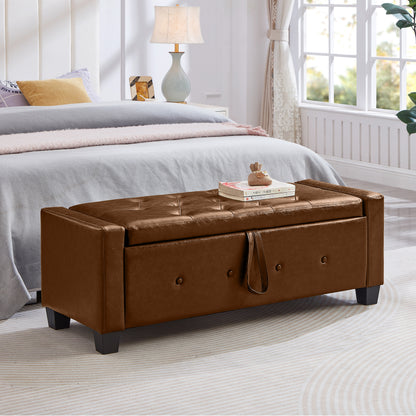 48" Ottoman Bench with Storage, Bench for Bedroom,Living Room,Hallway, Upholstered Tufted Faux Leather PU Ottoman Brown image 4