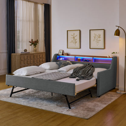 Twin Size Upholstery Sofa Bed with Three LED lights, with Storage Adjustable Headboard, with Foldable Leg Pull up Trundle Bed and Wireless Charging, Linen Padded Sofa Bed frame, Grey image 5