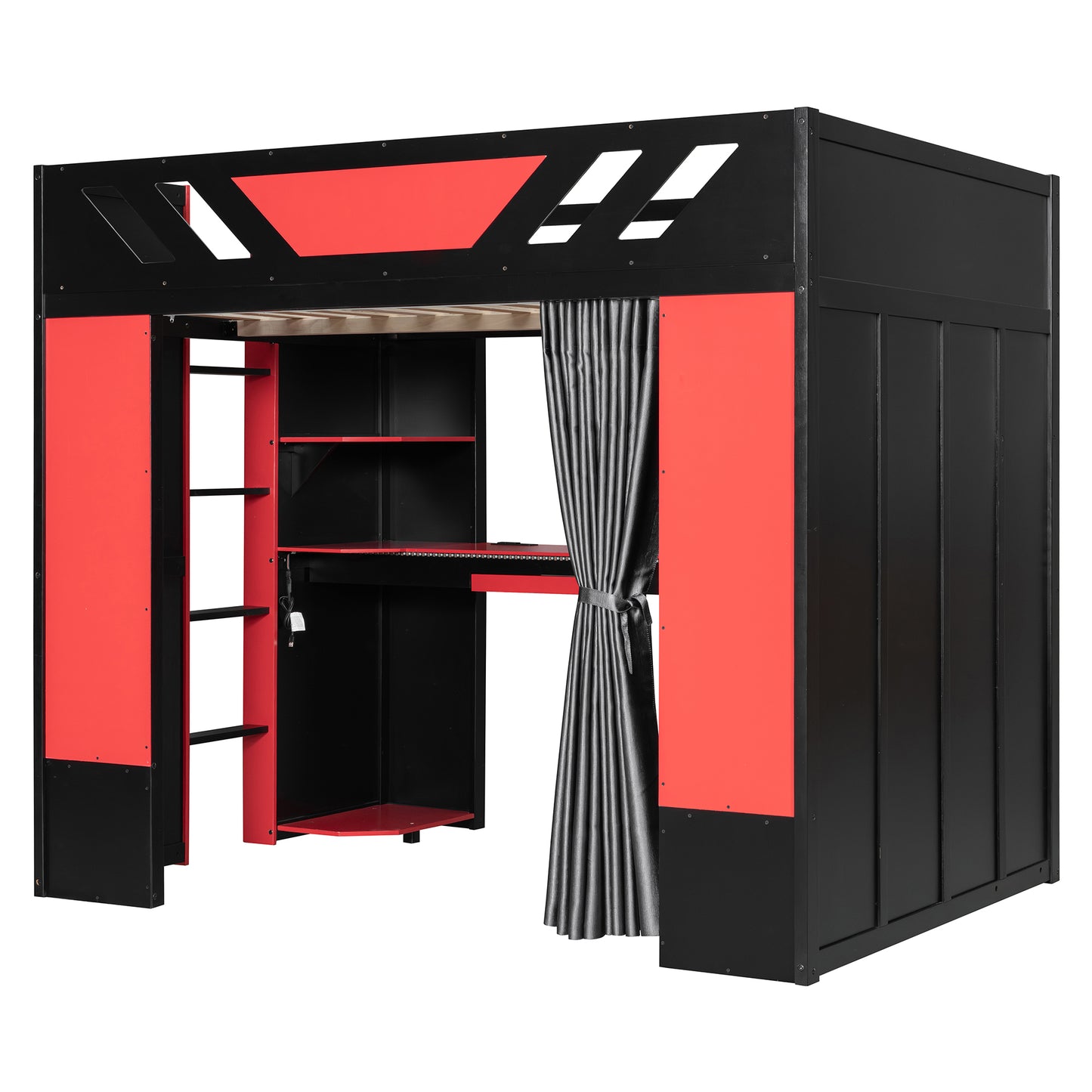 Full Size Wood Loft Bed with,Shelves,Blackout Curtains,and RGB Lights,Black+Red image 9