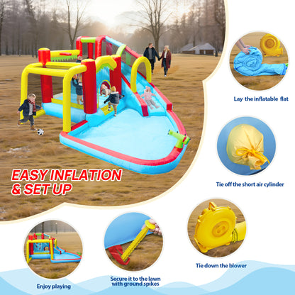 7 in1 Inflatable slide water park bouncing house outdoor Soccer garden bouncer with Splash pool & Water gun & Climbing wall & Basketball & Football image 8