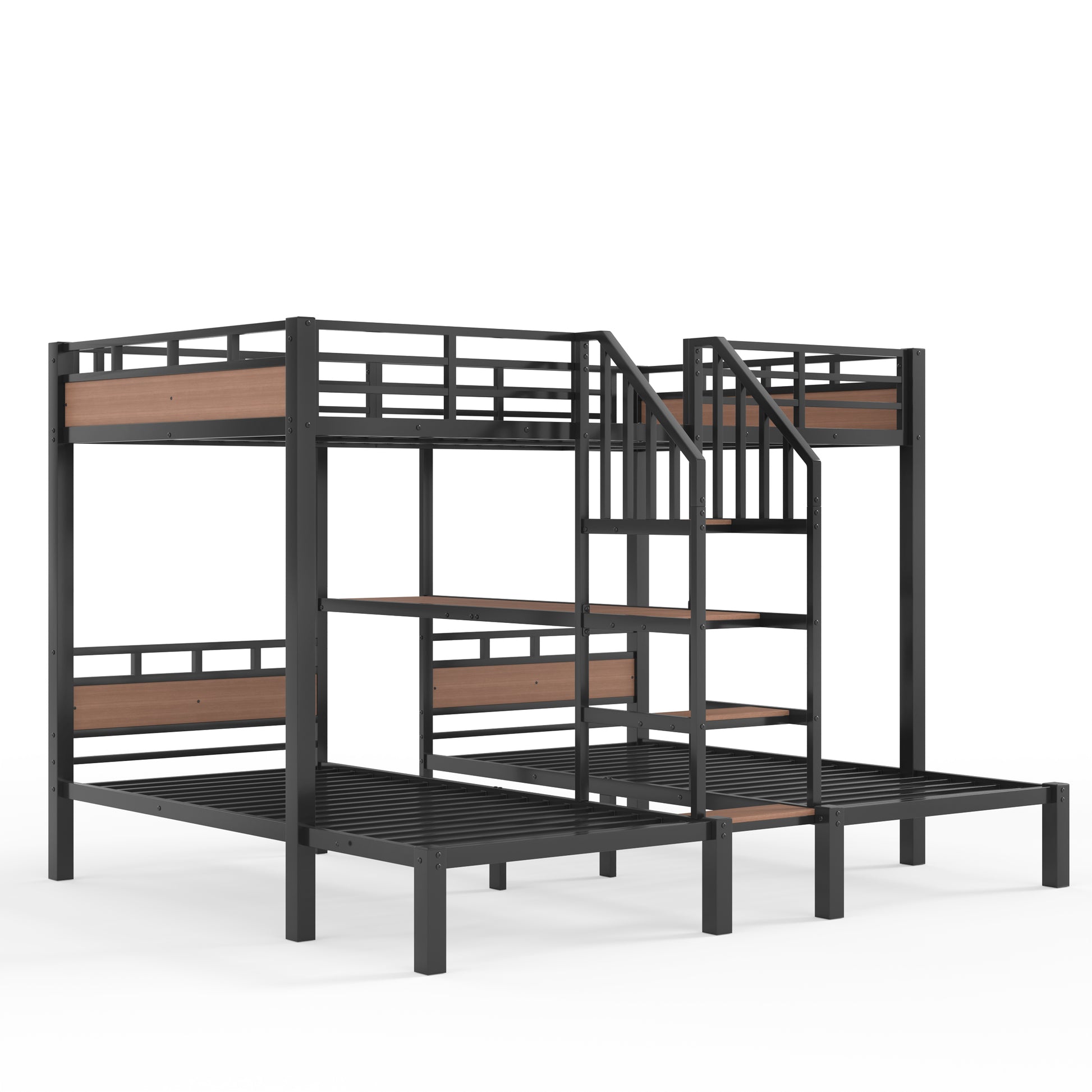 Full over Twin over Twin(Full XL over Twin over Twin) Metal Bunk Bed,triple metal bunk bed with Storage shelves and storage stairs,Black image 11