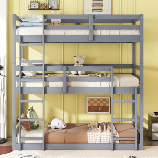Triple Rubber Wood Bunk Bed with Two Built-in Ladders, Guardrails, Twin over Twin over Twin, Detachable Triple Twin Bunk Bed,Grey image 1