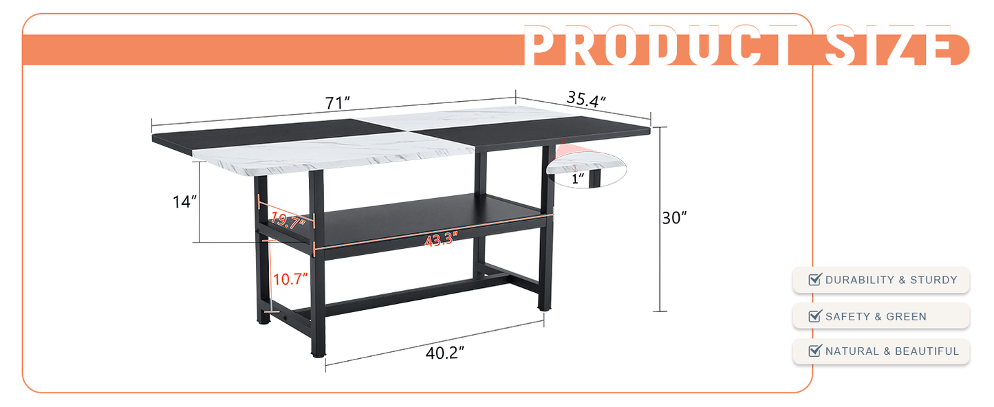 71 inch long two-color splicing fashionable dining table, a practical choice to add color to the home.Making it perfect for both family gatherings and friend parties.Black Sprayed Metal Table Legs. image 6