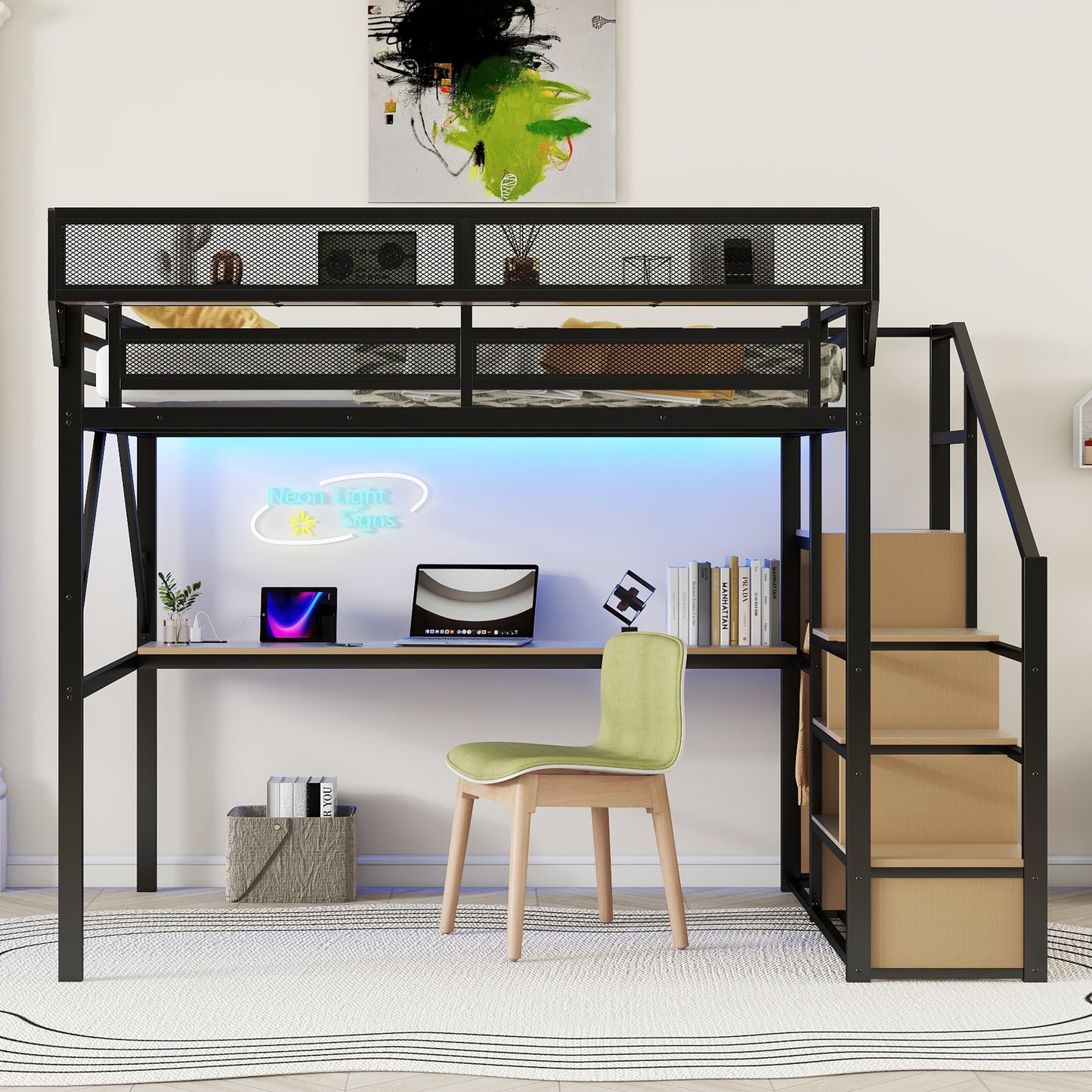 Queen Loft Bed with Desk and Charging Station, Queen Size Metal Loft Bed with Stairs and Light for Kids Teens, Black, Patent Products(OldSKU W2580S00044) image 6