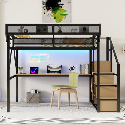 Queen Loft Bed with Desk and Charging Station, Queen Size Metal Loft Bed with Stairs and Light for Kids Teens, Black, Patent Products(OldSKU W2580S00044) image 6