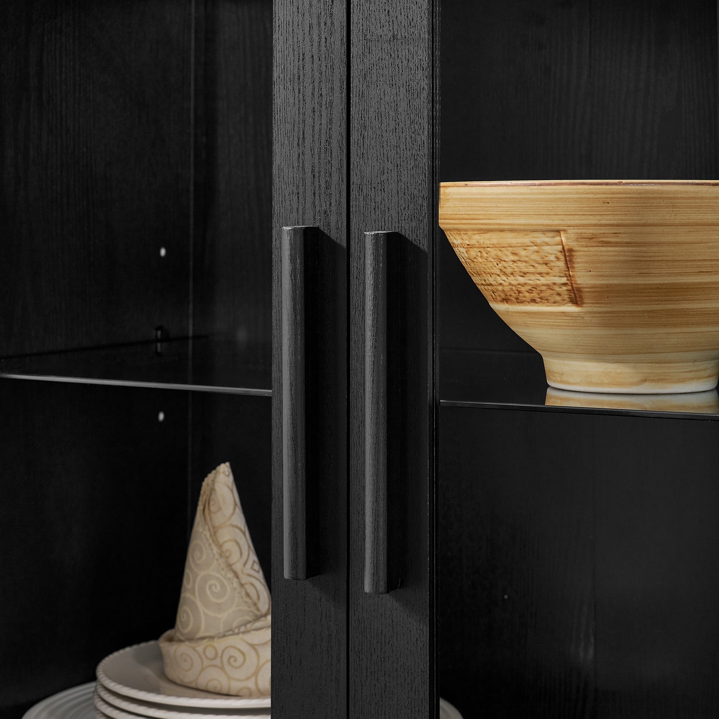 A high arched storage cabinet with a lamp, a modern retro-style wooden storage cabinet with adjustable glass partitions, suitable for use as a multi-functional cabinet in kitchens-Black image 7