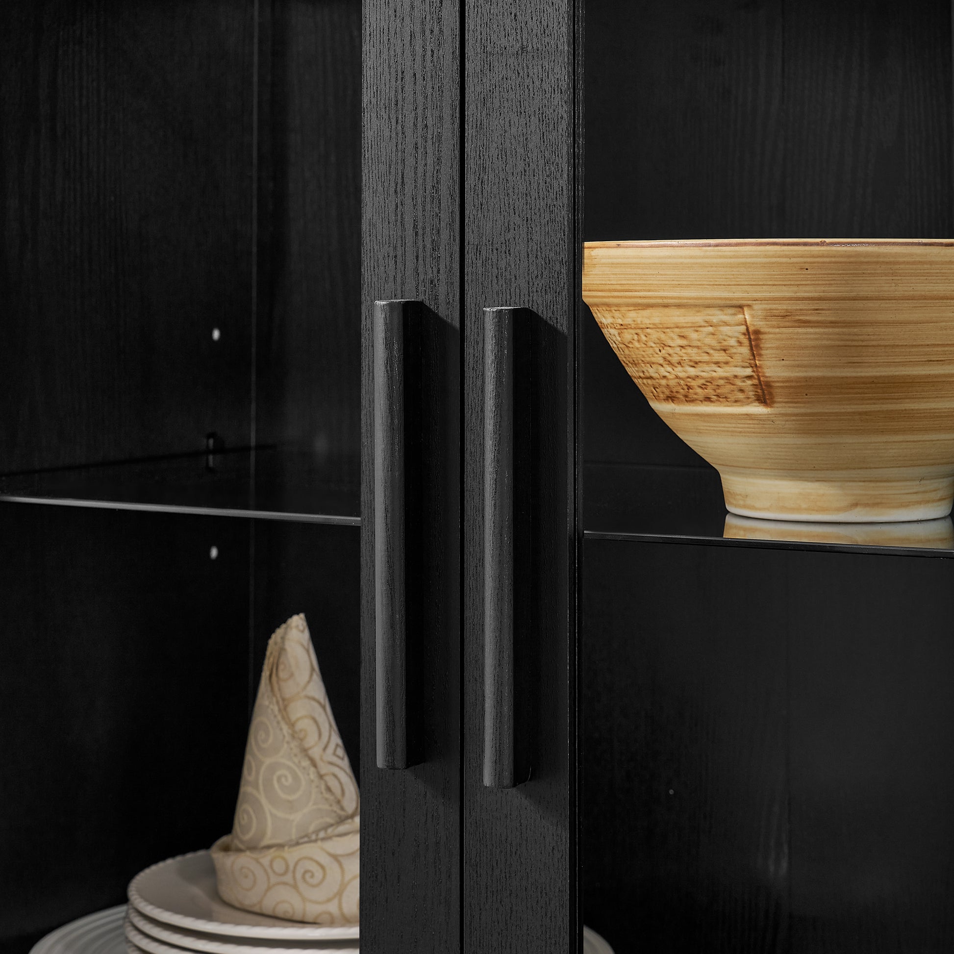 A high arched storage cabinet with a lamp, a modern retro-style wooden storage cabinet with adjustable glass partitions, suitable for use as a multi-functional cabinet in kitchens-Black image 7