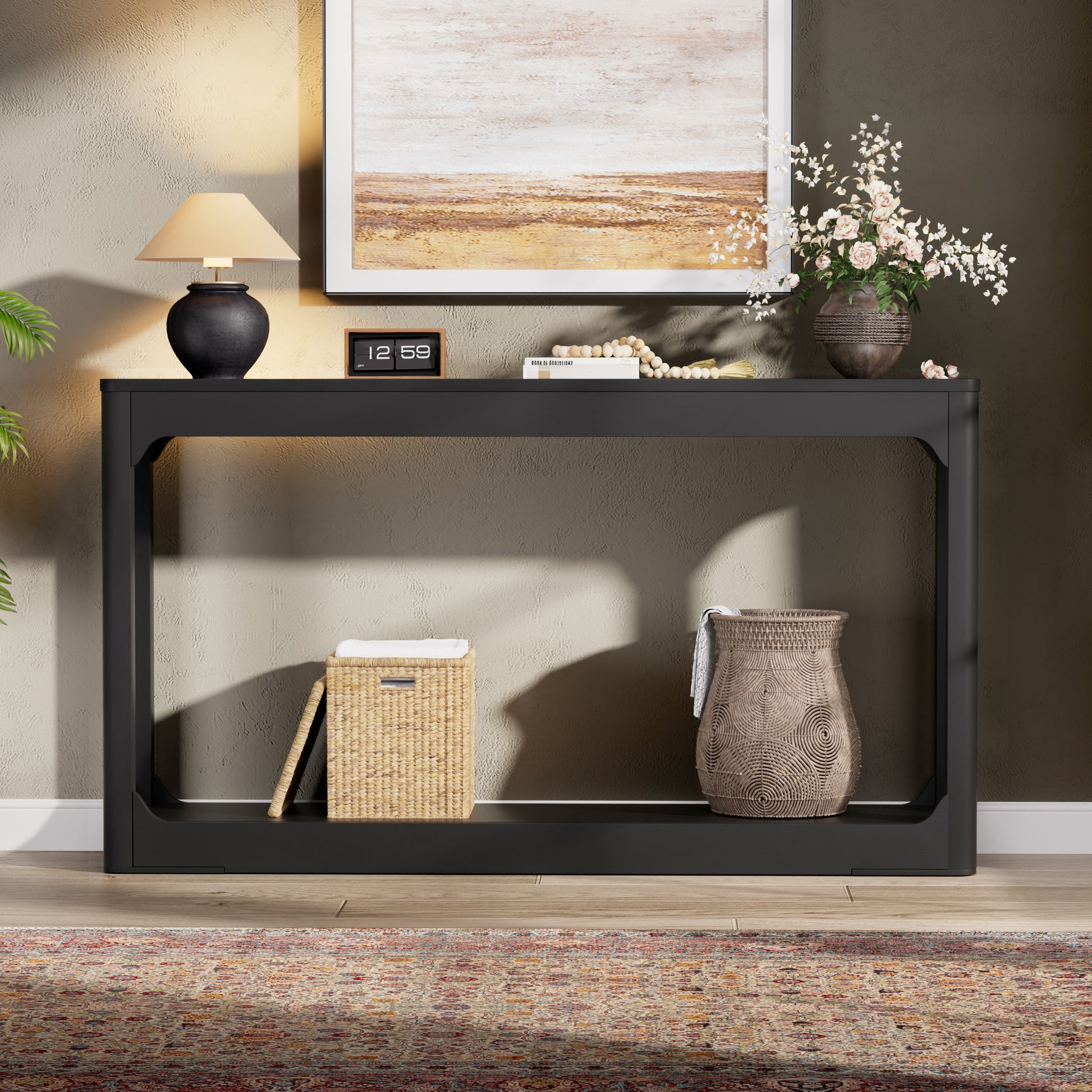 55.1-inch curved-leg storage table, ideal for entryways, slim wooden side table that can be placed behind a sofa, perfect for entryways, hallways, and doorways. Black, 55.1"L*11.8"W*31.1"H image 2
