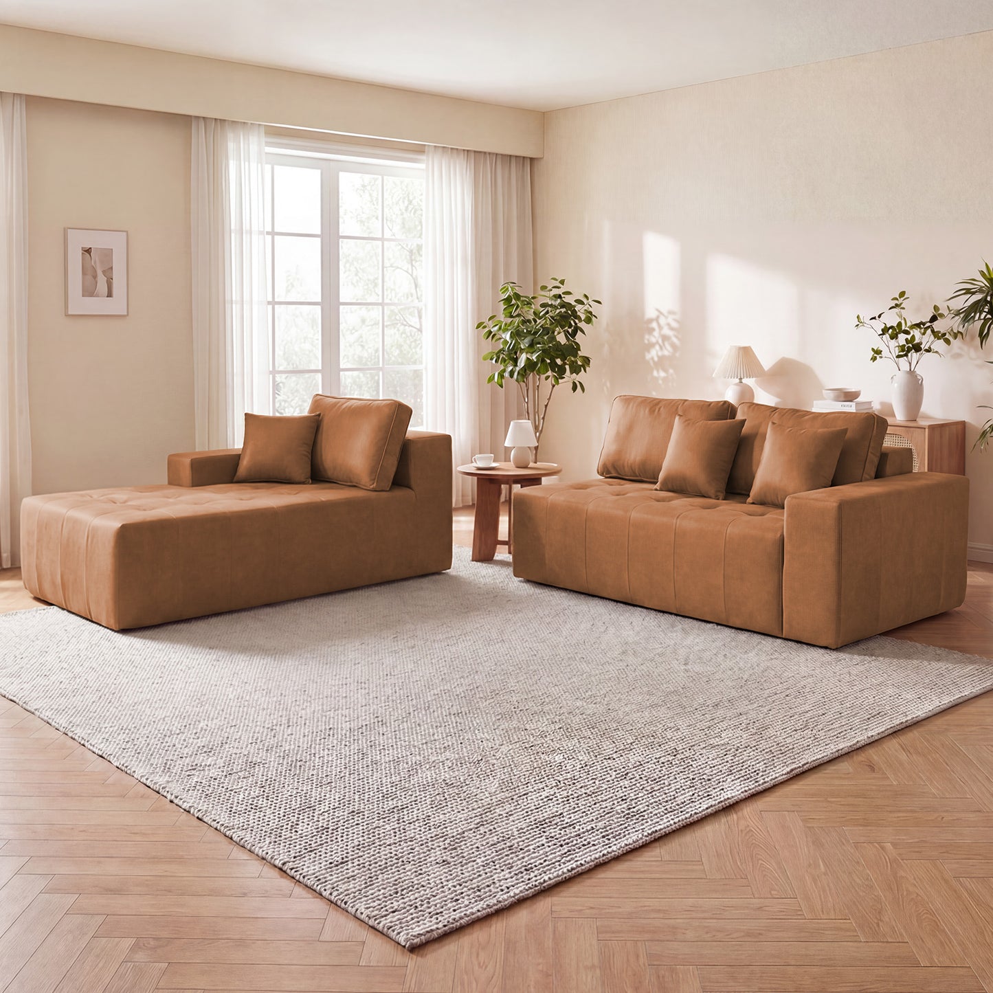 Faux Leather Corner Chaise Compression Sofa Bed, L-Shaped Sectional Couch with High-Density Sponge, No-Assembly Required Convertible Sofa for Living Room, Apartment, Guest Room(Light Brown) image 3