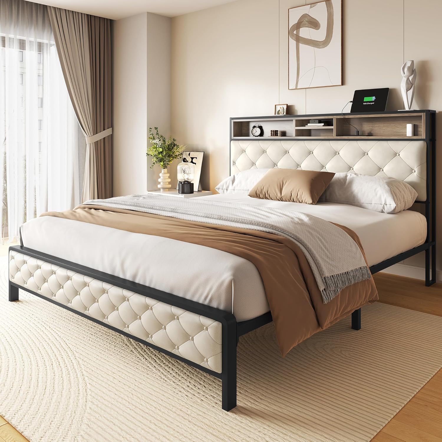 Queen Size Bed Frame, Platform Bed Frame with Charging Station, Upholstered Storage Headboard & Footboard Metal Slats Supports Mattress Foundation, No Box Spring Needed, Beige(No Drawers) image 1