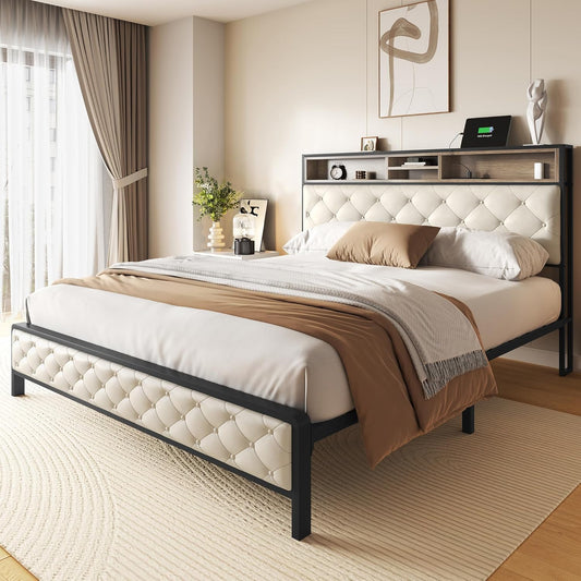 Queen Size Bed Frame, Platform Bed Frame with Charging Station, Upholstered Storage Headboard & Footboard Metal Slats Supports Mattress Foundation, No Box Spring Needed, Beige(No Drawers) image 1
