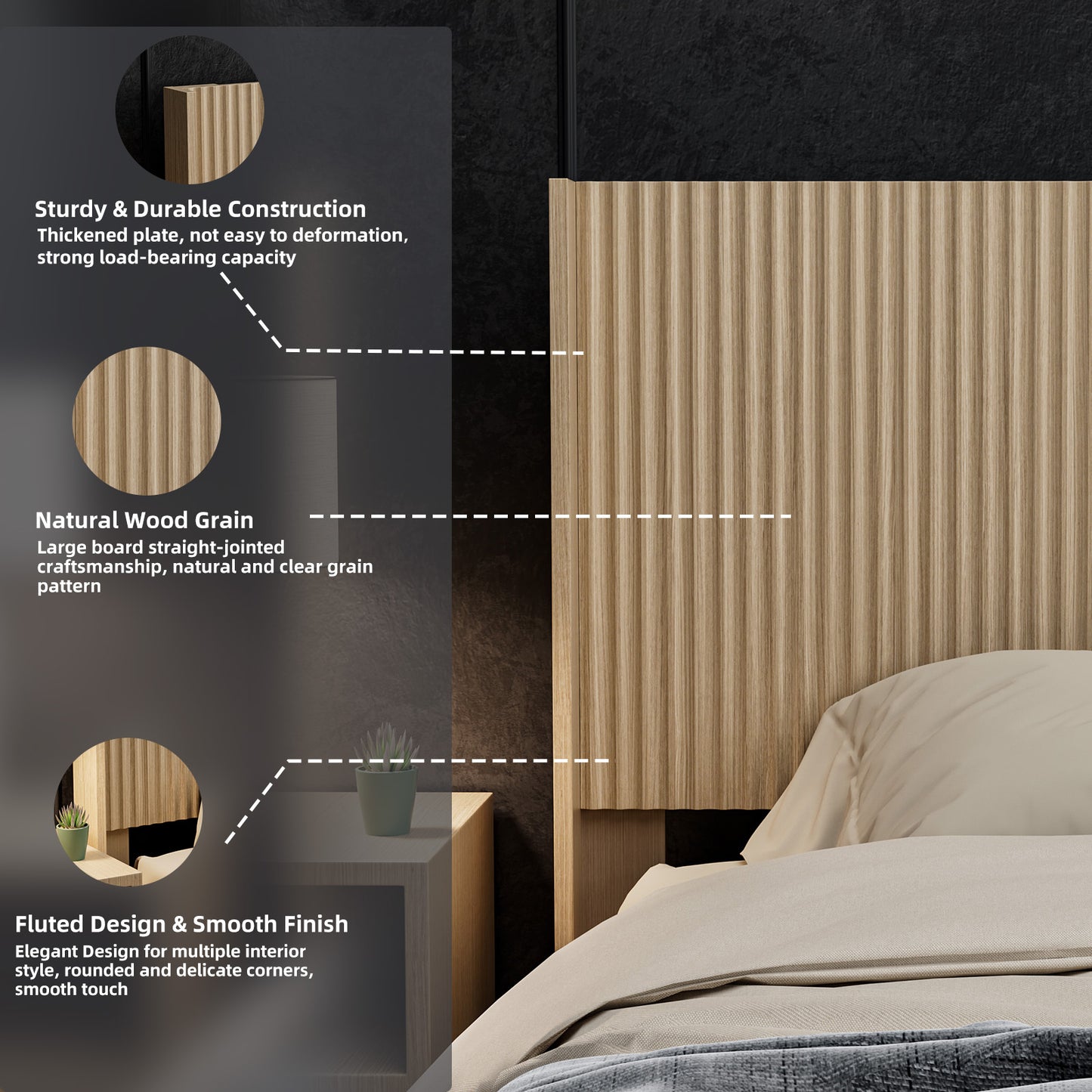 Modern Farmhouse Wood Headboard King Size 80.2 in Wide Wall Mounted Fluted Panel Wingback - Natural oak image 10