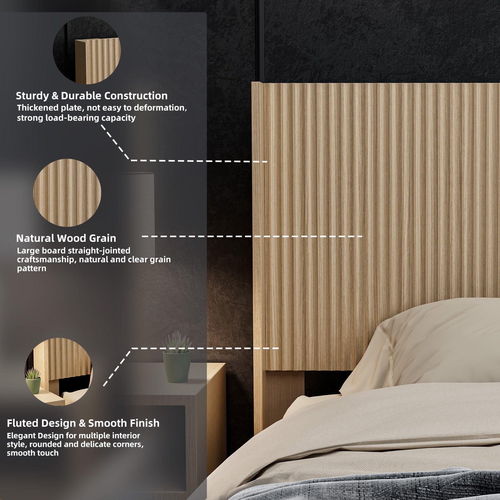Modern Farmhouse Wood Headboard King Size 80.2 in Wide Wall Mounted Fluted Panel Wingback - Natural oak image 10