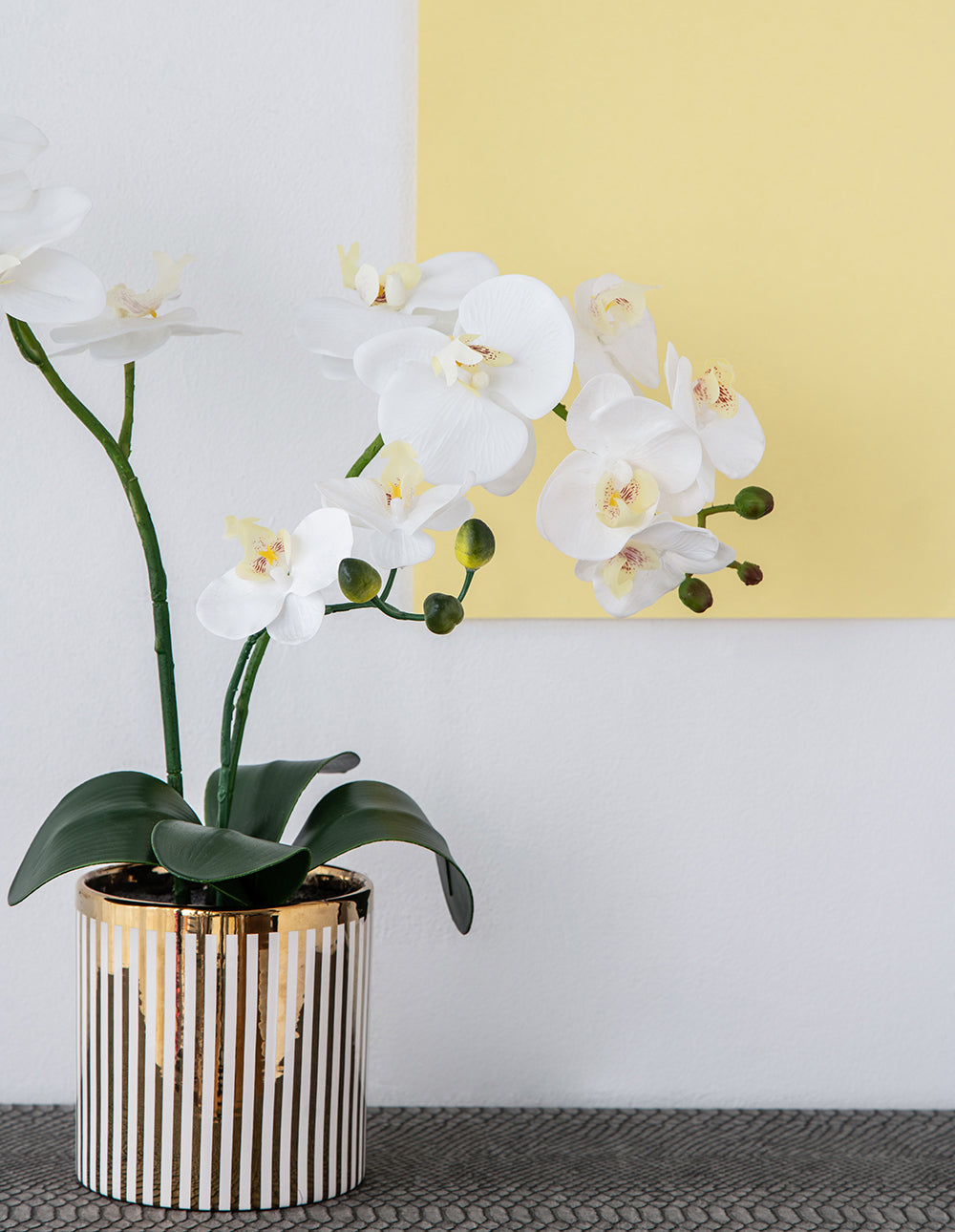9.5x6x20.5"H Artificial White Orchid in Gold Striped Pot image 6