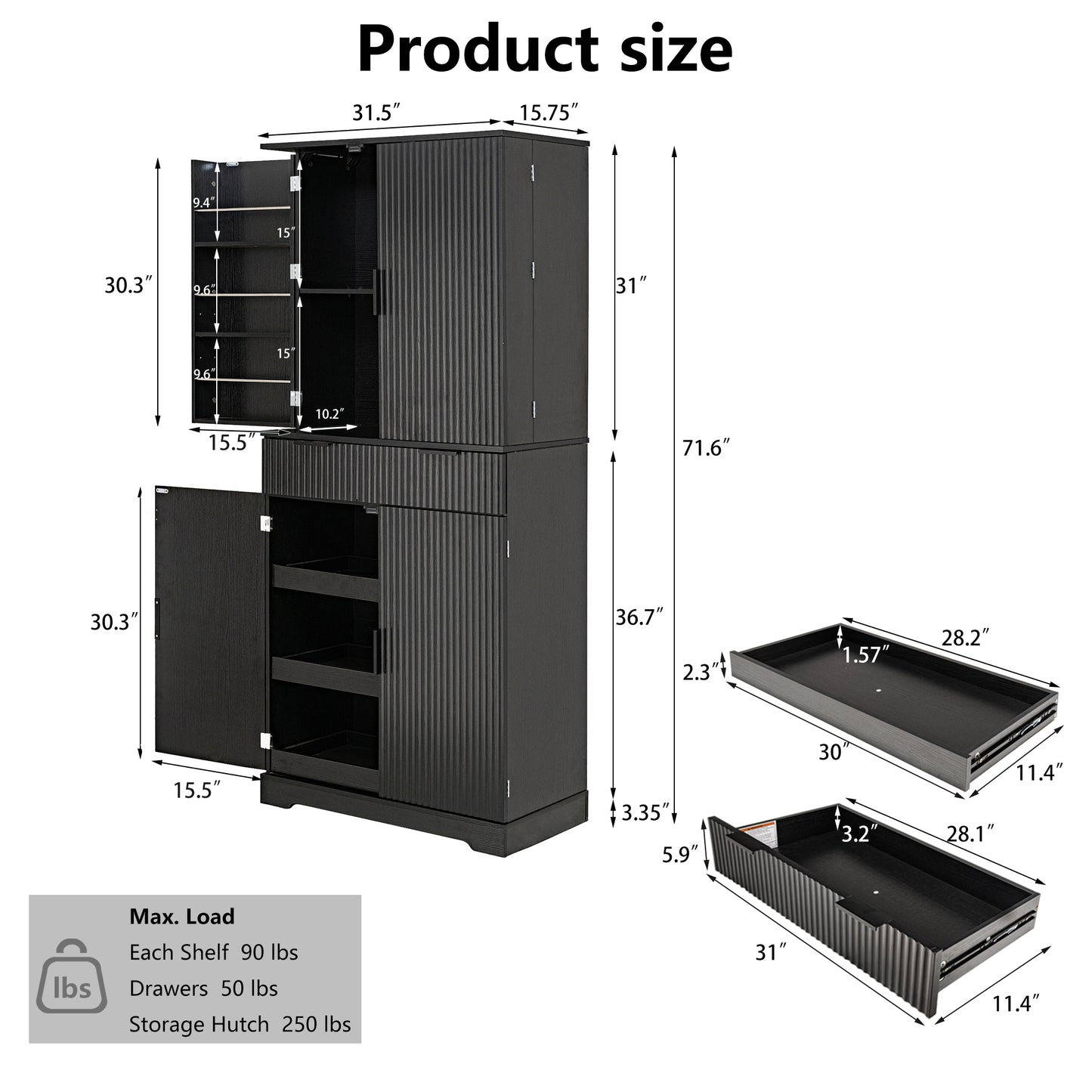 72" Fluted Kitchen Pantry Cabinet with 3 Keyboard Drawers & 6 Door Shelves Adjustable, Freestanding Cupboard Storage Cabinet for for Bathroom Dining Room, Office, Entryway, Black image 4