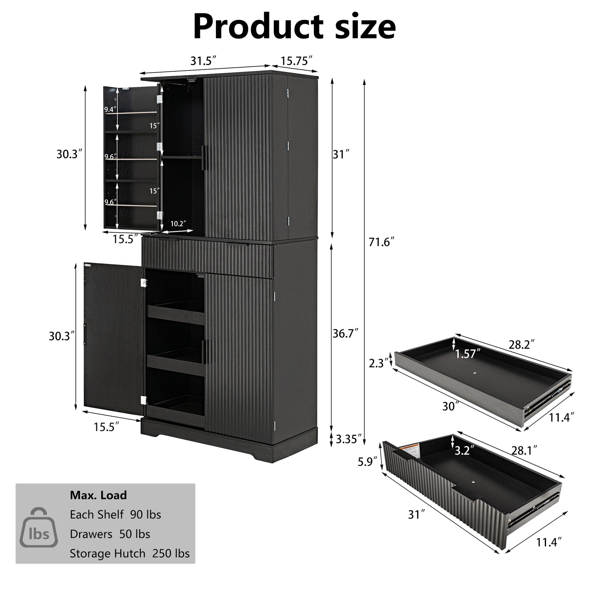 72" Fluted Kitchen Pantry Cabinet with 3 Keyboard Drawers & 6 Door Shelves Adjustable, Freestanding Cupboard Storage Cabinet for for Bathroom Dining Room, Office, Entryway, Black image 4