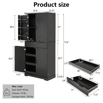 72" Fluted Kitchen Pantry Cabinet with 3 Keyboard Drawers & 6 Door Shelves Adjustable, Freestanding Cupboard Storage Cabinet for for Bathroom Dining Room, Office, Entryway, Black image 4