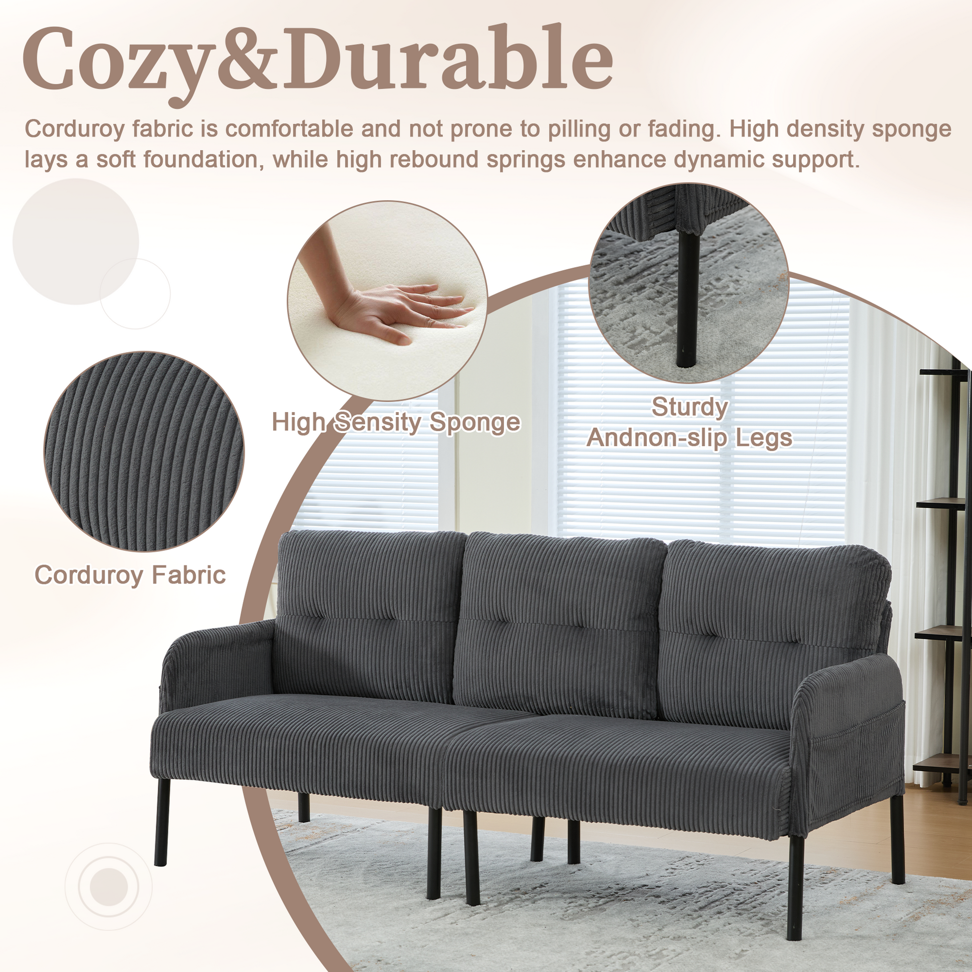 UNITED WE WIN Oversized Loveseat, Modern & Plush Double-seater Sofa, Corduroy Upholstered Couch, Cozy Bedroom Sofa with Metal Legs & Side Pockets, Ideal for Living Room, Bedroom, Dorm, Apartment image 2