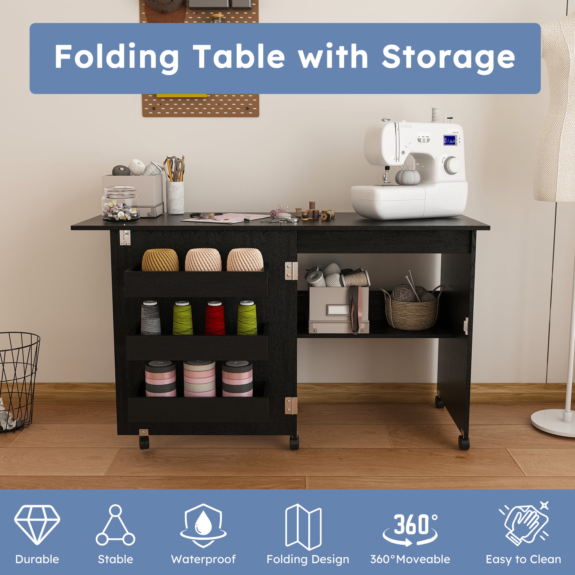 Black 45.67'' 4-in-1 Folding Sewing Table with Lockable Wheels – Multi-Functional Craft Station, End Table, Computer Desk & Kitchen Storage with Shelves, Rolling Sewing Machine Table for Apartments image 2