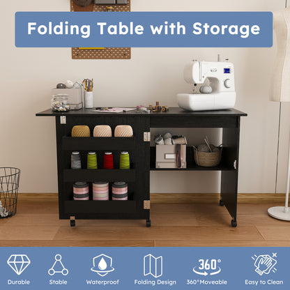 Black 45.67'' 4-in-1 Folding Sewing Table with Lockable Wheels – Multi-Functional Craft Station, End Table, Computer Desk & Kitchen Storage with Shelves, Rolling Sewing Machine Table for Apartments image 2