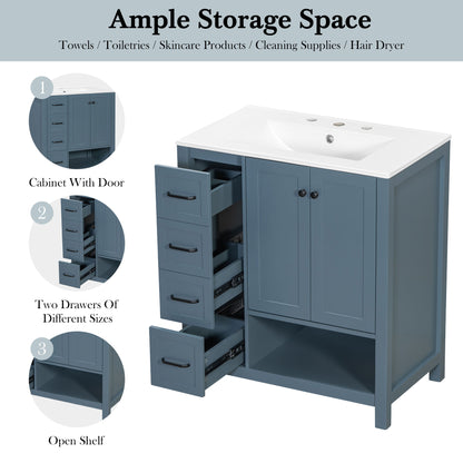 30" Bathroom Vanity with Sink Top, Bathroom Vanity Cabinet with Two Doors and Two Drawers, Solid Wood, Open shelf, MDF Boards, One Package, Blue Gray image 8
