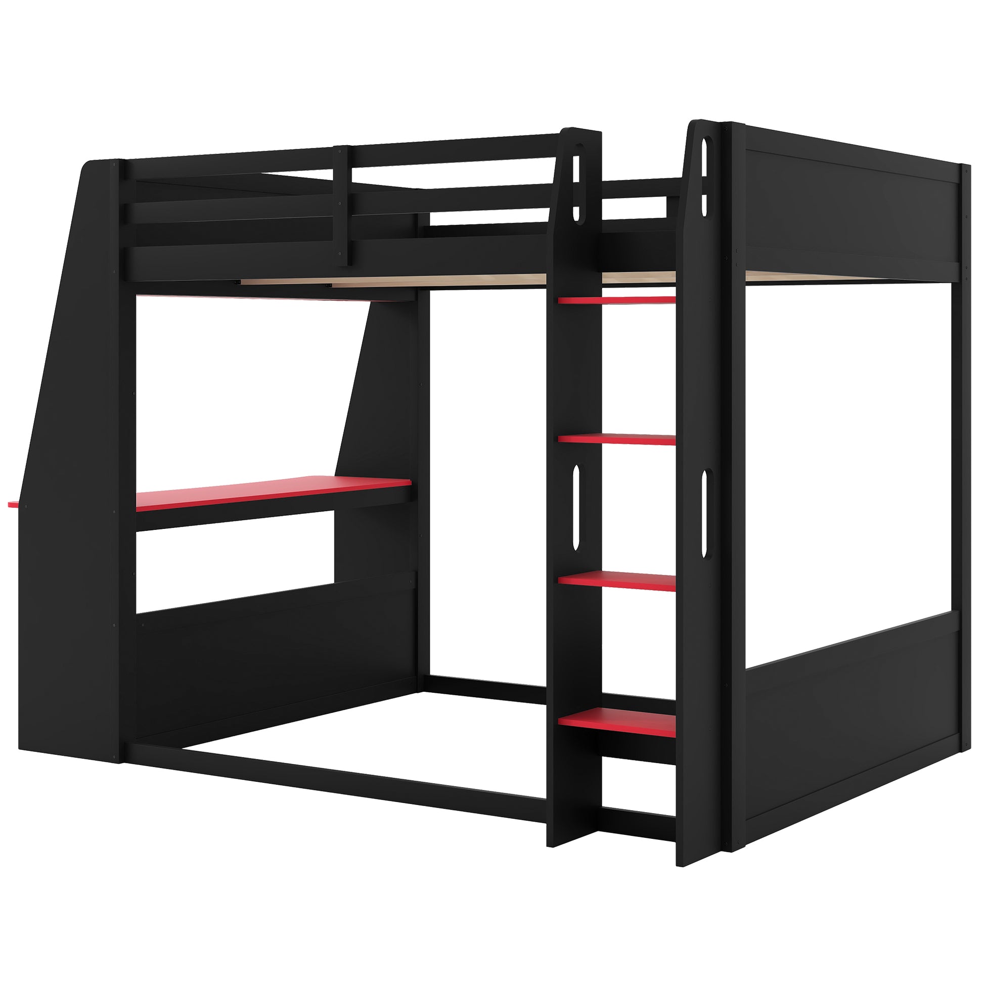 Full Size Wooden Gaming Bunk Bed with Desk,Two Storage Shelves,USB and LED Light image 12