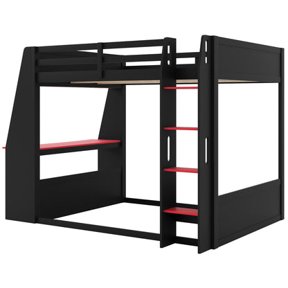 Full Size Wooden Gaming Bunk Bed with Desk,Two Storage Shelves,USB and LED Light image 12