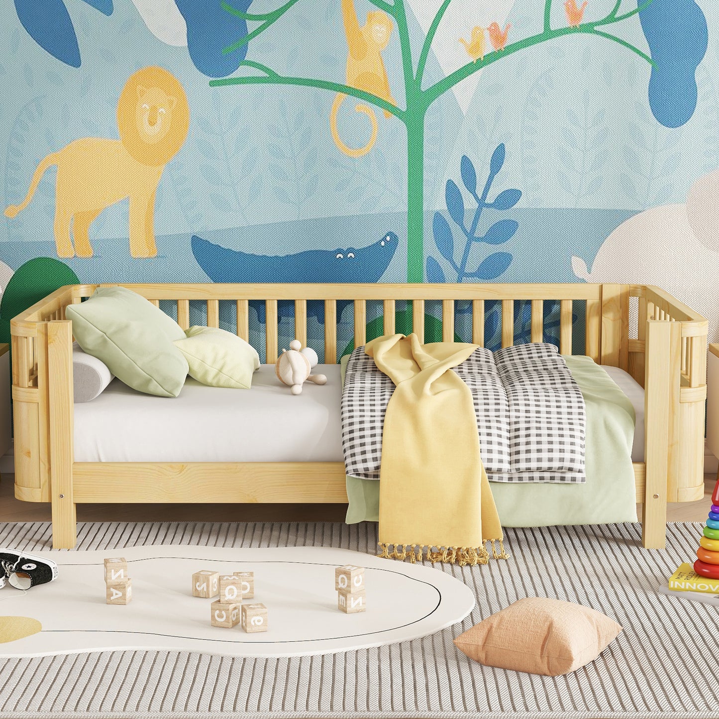 Twin Size Wood Platform Bed for Kids, Wood Low Profile Twin Bed with Rails for Girls and Boys, Natural (Patented Design, Expect Arrival Date 2026/5/11 Old SKU W2593P190150) image 4