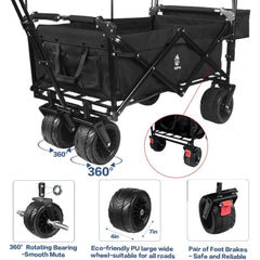 Collapsible Wagon 140L Wagons Carts Foldable with Removable Canopy, Folding Wagon Cart with Wheels for All-Terrain with Brake, Foldable Wagon with Cooler Bag, for Camping Beach Shopping
