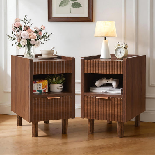 Walnut Brown Fluted Wood Nightstands with Drawer and Open Storage, 2 Pack Modern Bedroom Bedside Side End Tables for Living Room Home Decor image 1