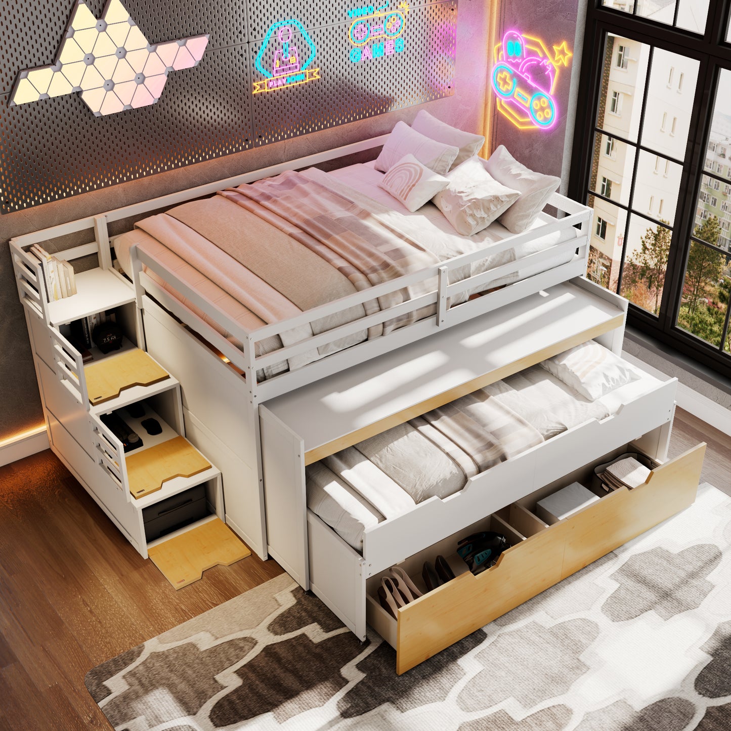Full XL Loft Bed with Pull-Out Desk and Twin Trundle, Multi-Functional Bunk Bed with 2 Storage Drawers and Storage Steps, Space-Saving Gaming & Workstation Bedframe, White+Wood Color image 2