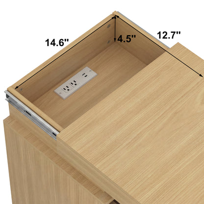 (Set of 2) Natural Nightstand Set of 2 with Charging Station & LED Lights, Fluted Wave Panel Bedside Table with Sliding Top Hidden Storage, Night Stand for Bedroom Living Room image 6