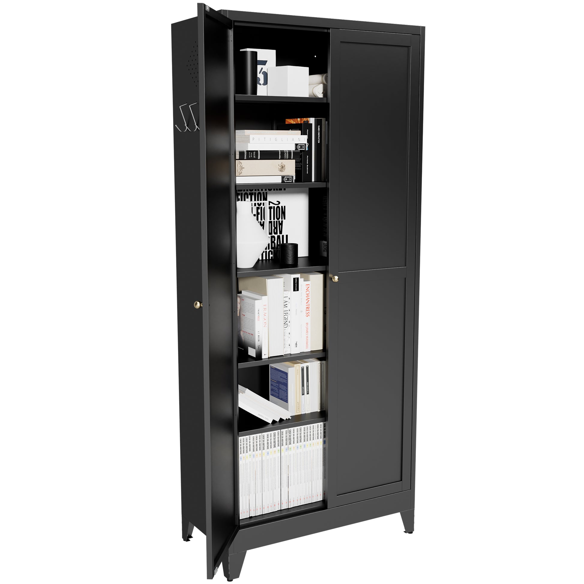 75" Black Metal Kitchen Pantry Cabinet Adjustable Storage with 5 Shelves (180lb Capacity), Freestanding Kitchen Storage Cabinet with Adjustable Shelves, Dishware in Kitchen, Pantry, Dining Room image 11