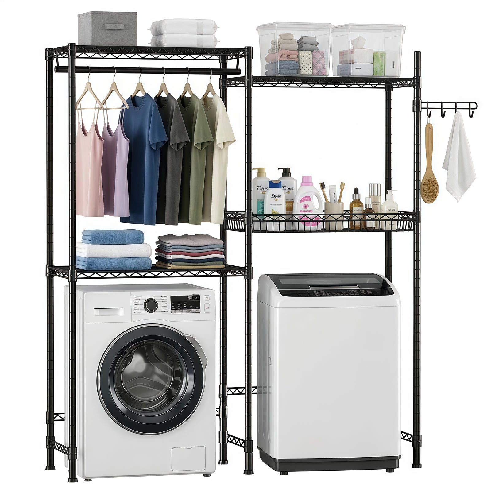 Over Washer and Dryer Shelves, 4 Tier Laundry Room Clothes Drying Rack Wire Basket & Rotating Side Hook, Heavy Duty Laundry Drying Rack, Space Saving and Adjustable Shelves, Black image 1