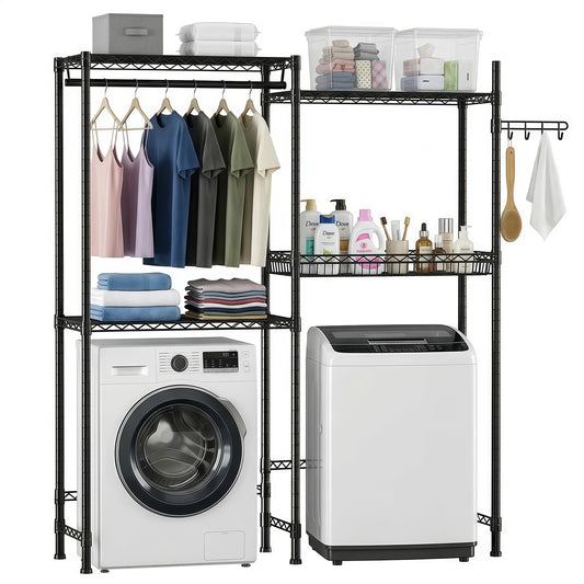 Over washer and dryer shelves 4 tier laundry drying rack with wire baskets and rotating hook - front view