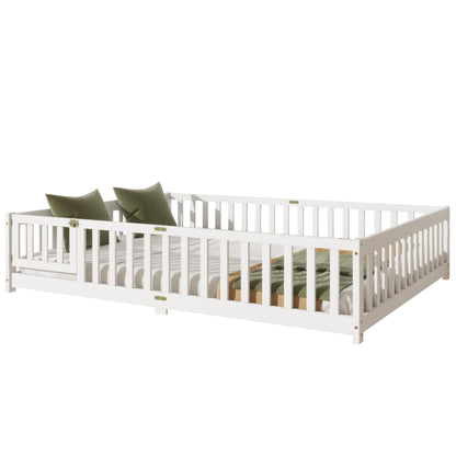 Queen Size Floor Bed with Fence,Door,Rubber Wood Floor Bed with Safety Guardrails,White image 8
