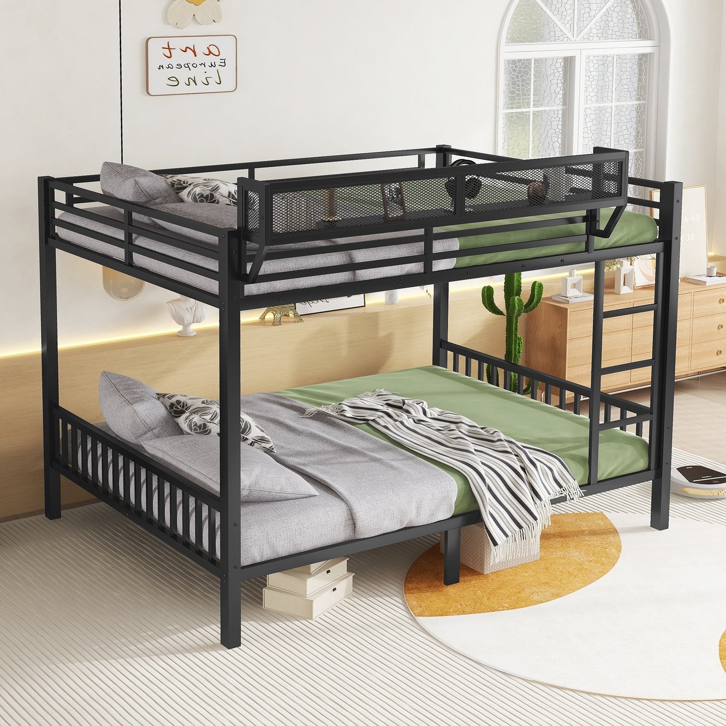 Queen Over Queen Metal Bunk Bed with Ladder and Storage Shelf for Adults Teens,Black(Expect Arrival Date 2025/9/12) image 4