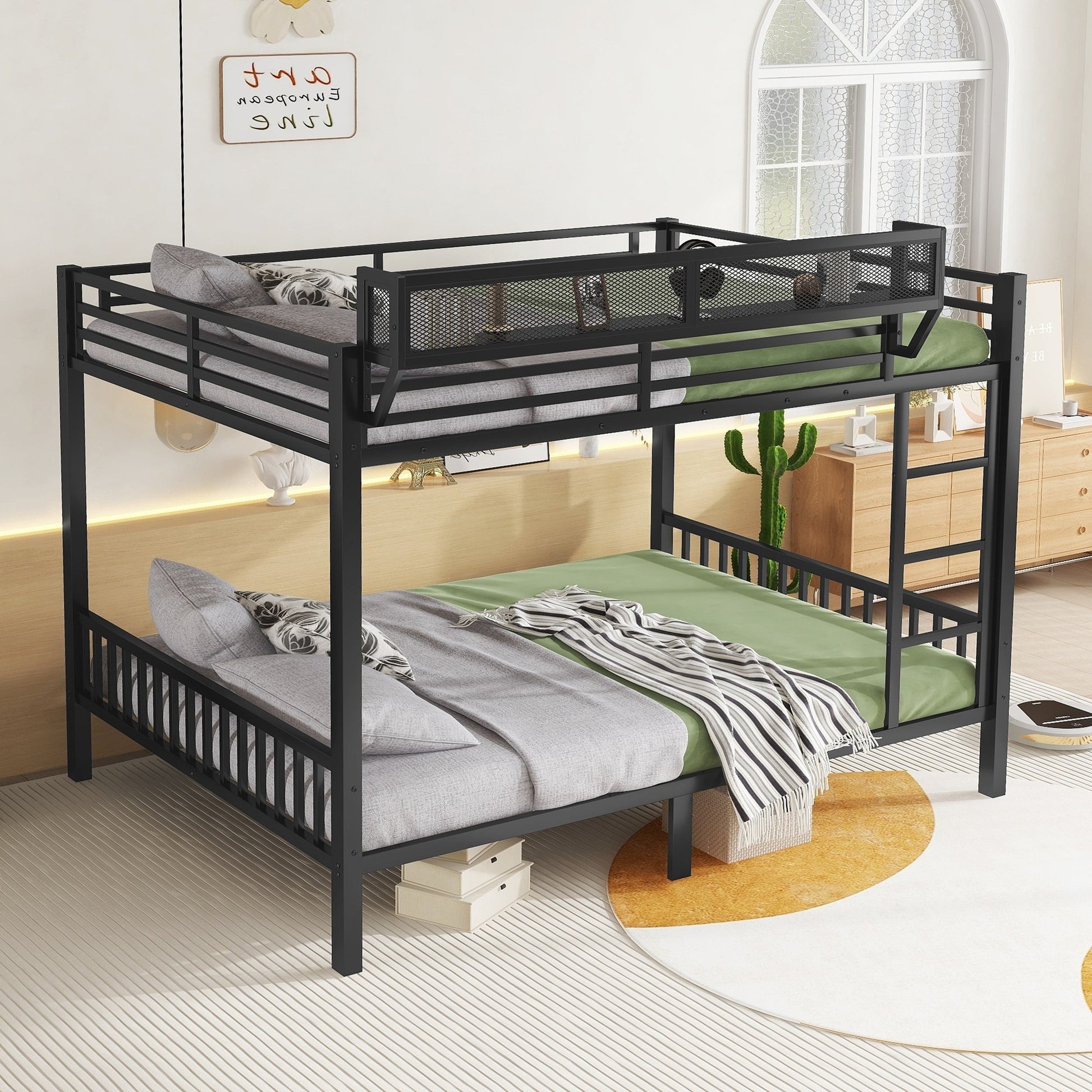 Queen Over Queen Metal Bunk Bed with Ladder and Storage Shelf for Adults Teens,Black(Expect Arrival Date 2025/9/12) image 4