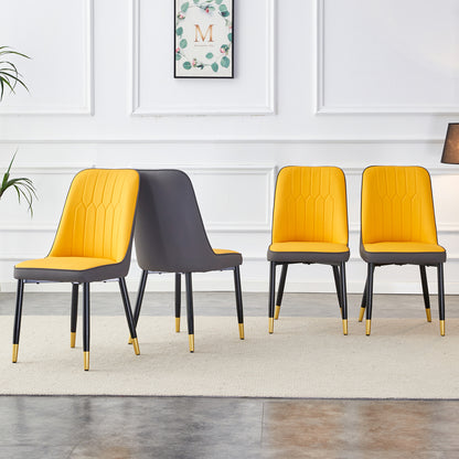 A modern dining chair with orange yellow dark gray dual tone PU leather backrest and black metal legs, suitable for kitchens, bedrooms, and offices. Set of 4 pieces (orange yellow, dark gray+PU)C-007 image 2