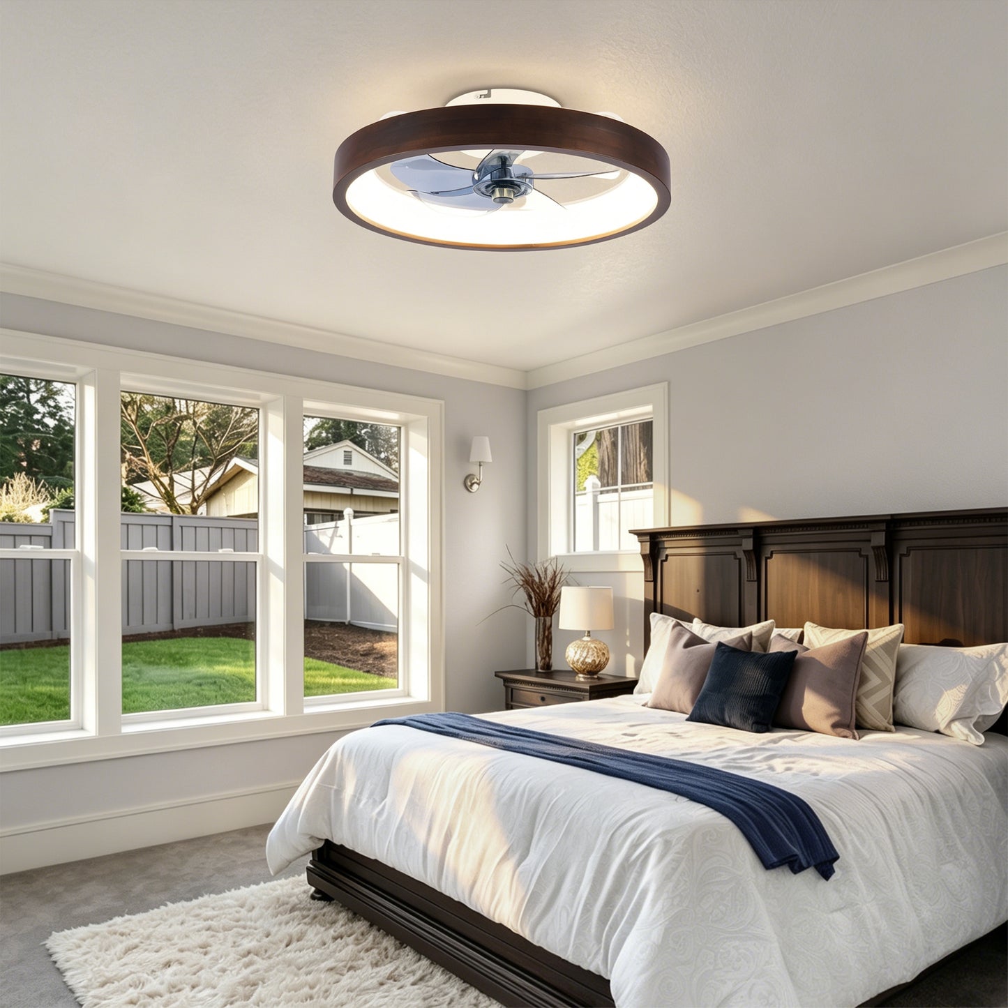 20" Modern Flush Mount Ceiling Fans with Lights Kit (LED), 3000-6500K Dimmable LED Fan Light, 6 Speeds, Quiet DC Motor For Living room, Bedroom,Kitchen----Wood+White image 5