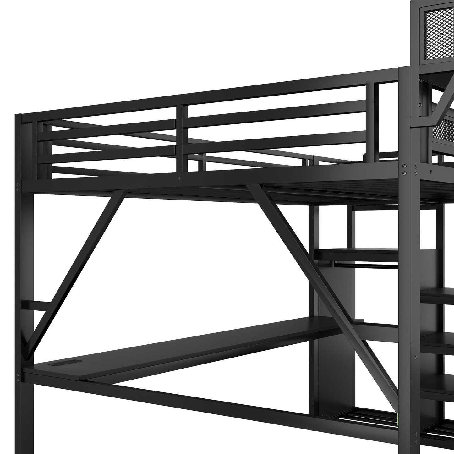 Full Loft Bed with Desk and Charging Station, Full Size Metal Loft Bed with Stairs and Light for Kids Teens, Black image 8