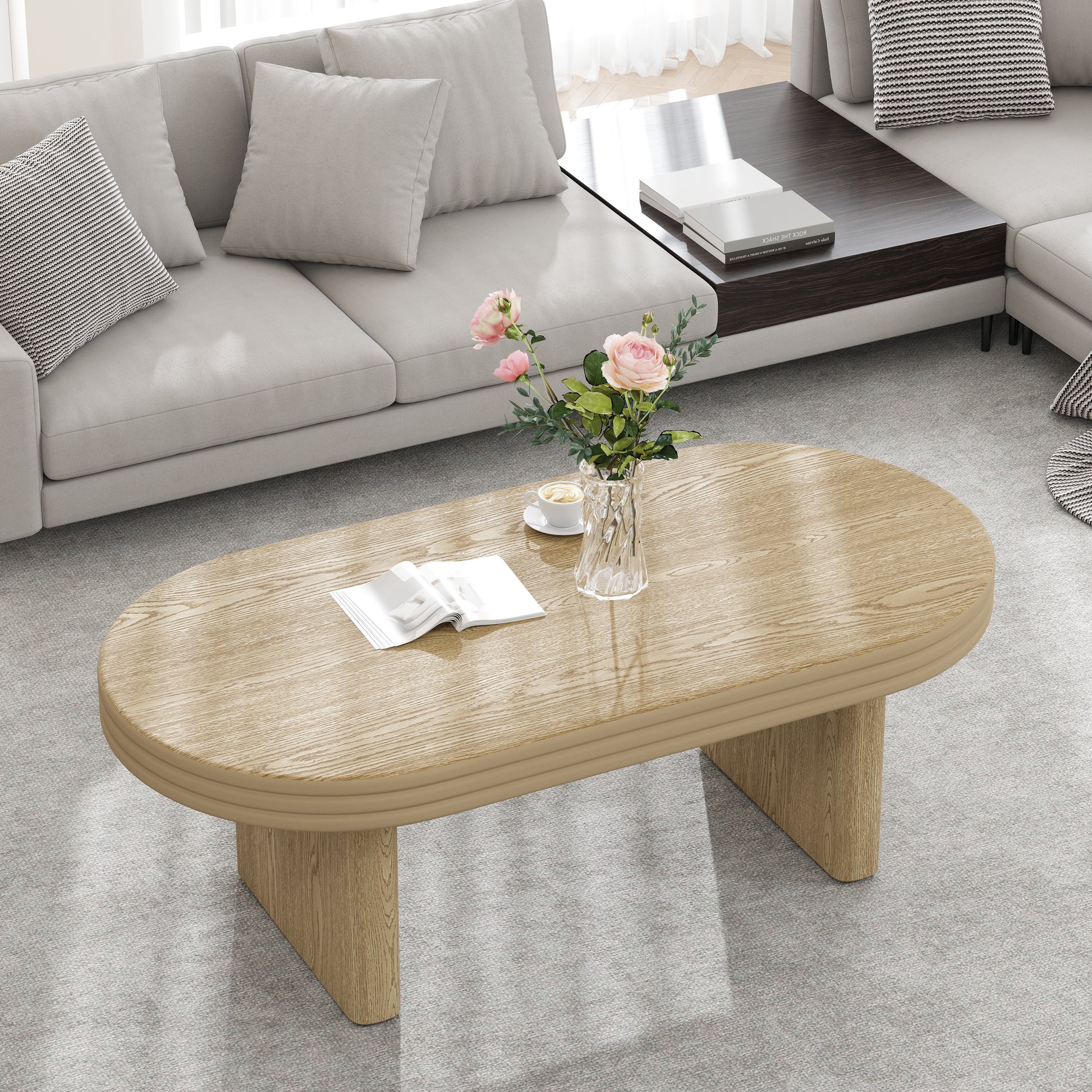 Mid Century Modern Oval Fluted Coffee Table, Farmhouse Wood Coffee Table, Cocktail Table, Center Table for Living Room, Office, Home Decor(Natural, 23.62" D x 47.24" W x 16.34" H) image 1