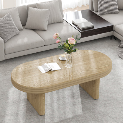 Mid Century Modern Oval Fluted Coffee Table, Farmhouse Wood Coffee Table, Cocktail Table, Center Table for Living Room, Office, Home Decor(Natural, 23.62" D x 47.24" W x 16.34" H) image 1