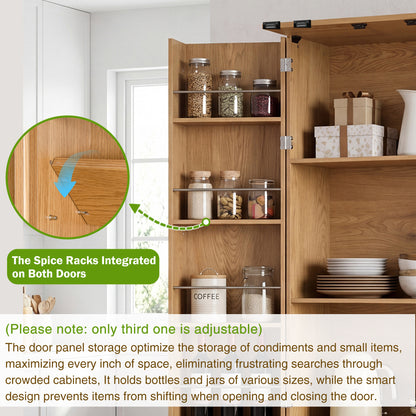 72" Modern Fluted Kitchen Pantry Cabinet with 2 Large Drawers & 8-Door Spice Rack, Freestanding Storage Organizer for Bathroom, Dining Room, Office, Entryway, Oak image 6