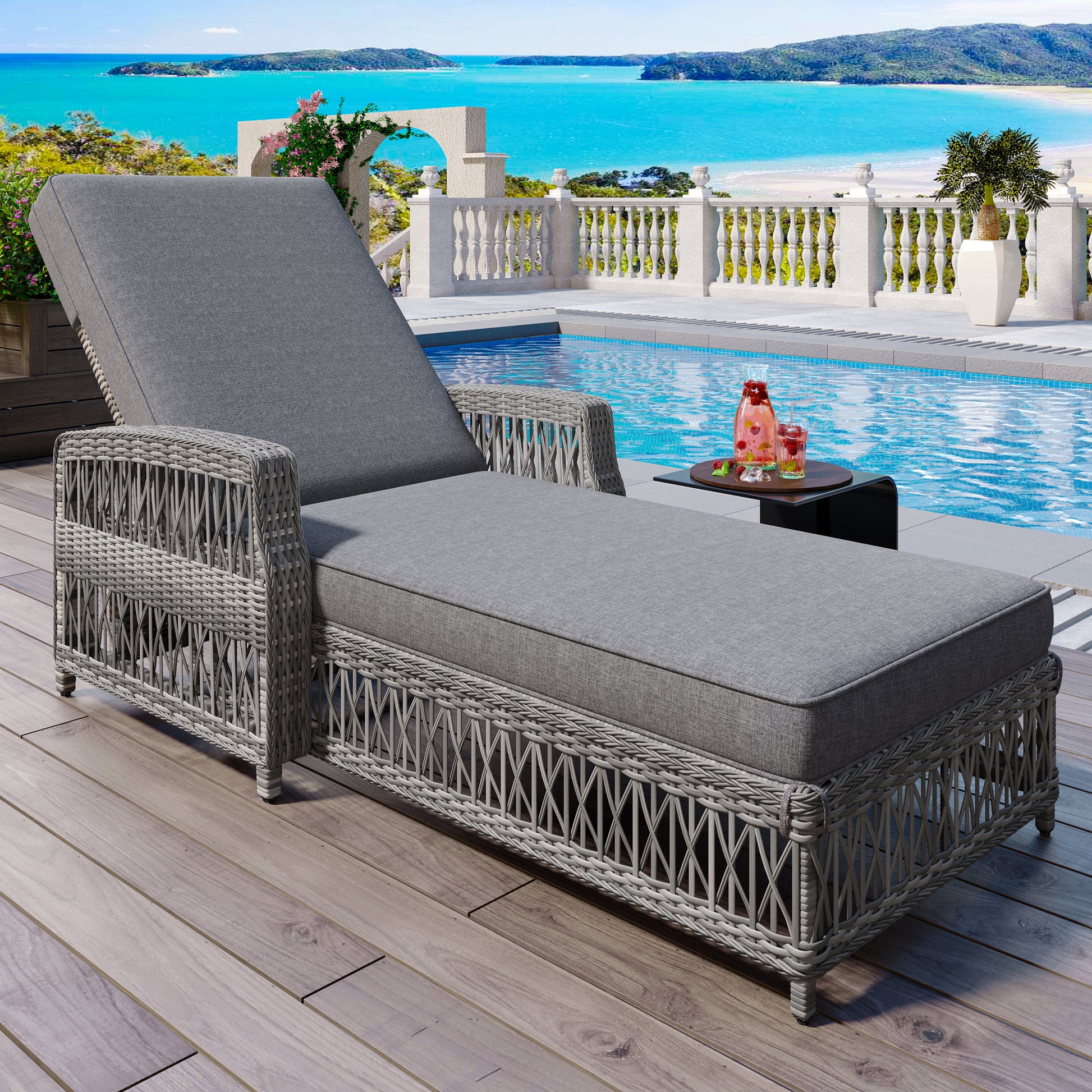 GO Outdoor Long Reclining Chaise, Wicker Lounge with Armrests, Patio Adjustable Recliner with Soft Removable Cushions, All Weather Rattan Pool Lounge for Poolside & Garden, Gray image 1